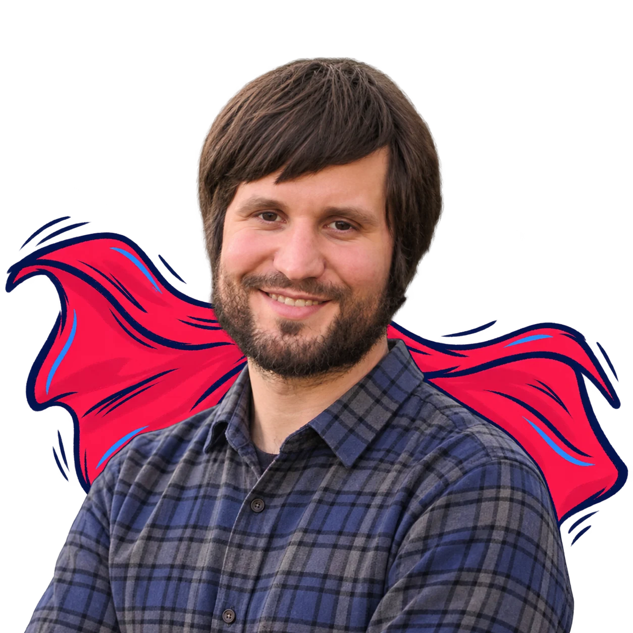 Alex Brad wearing an illustrated red superhero cape