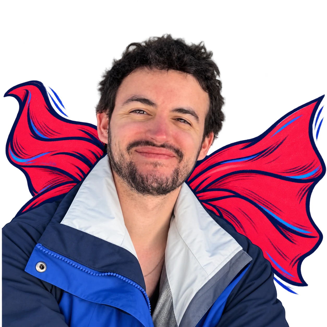 Shay Milner wearing an illustrated red superhero cape