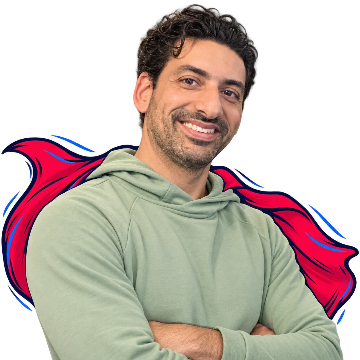Tomer Barletz wearing an illustrated red superhero cape